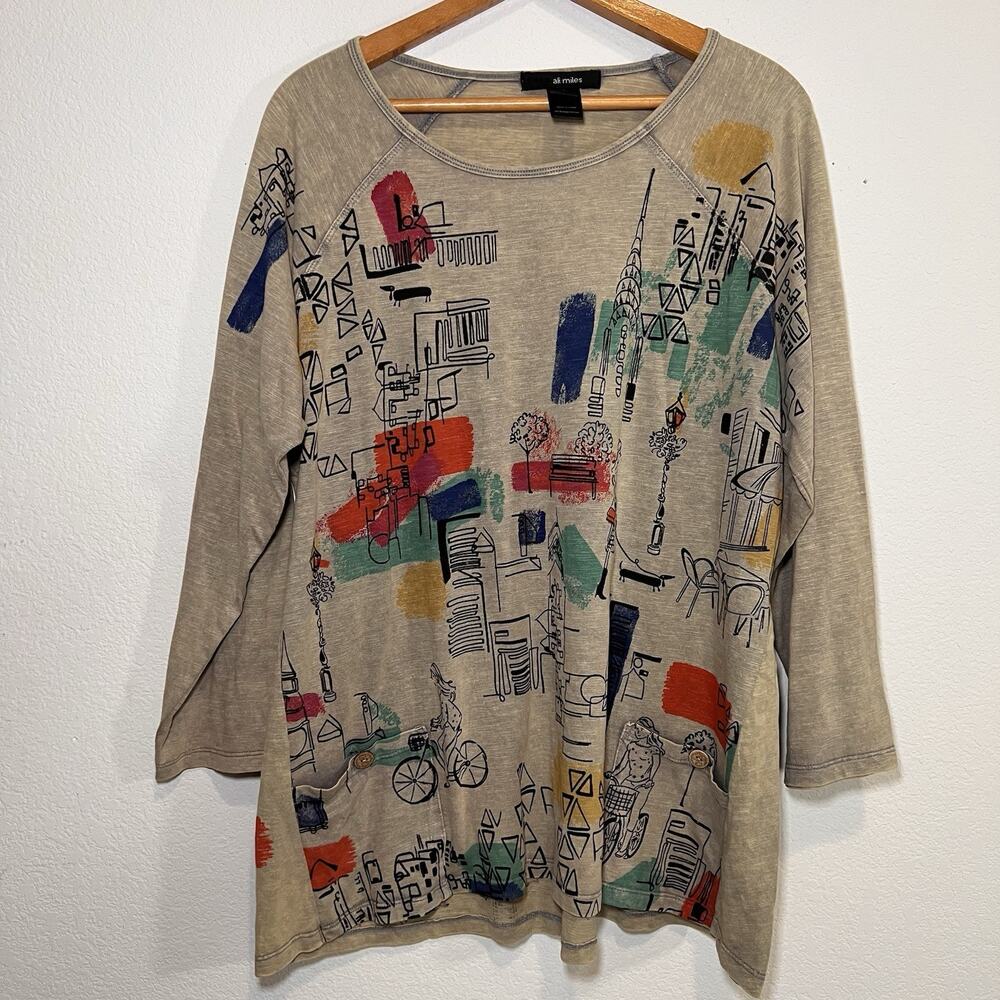 Ali Miles Tunic Top Plus Size 1X Cityscape Print 3/4 Sleeve Pockets Artsy Boho